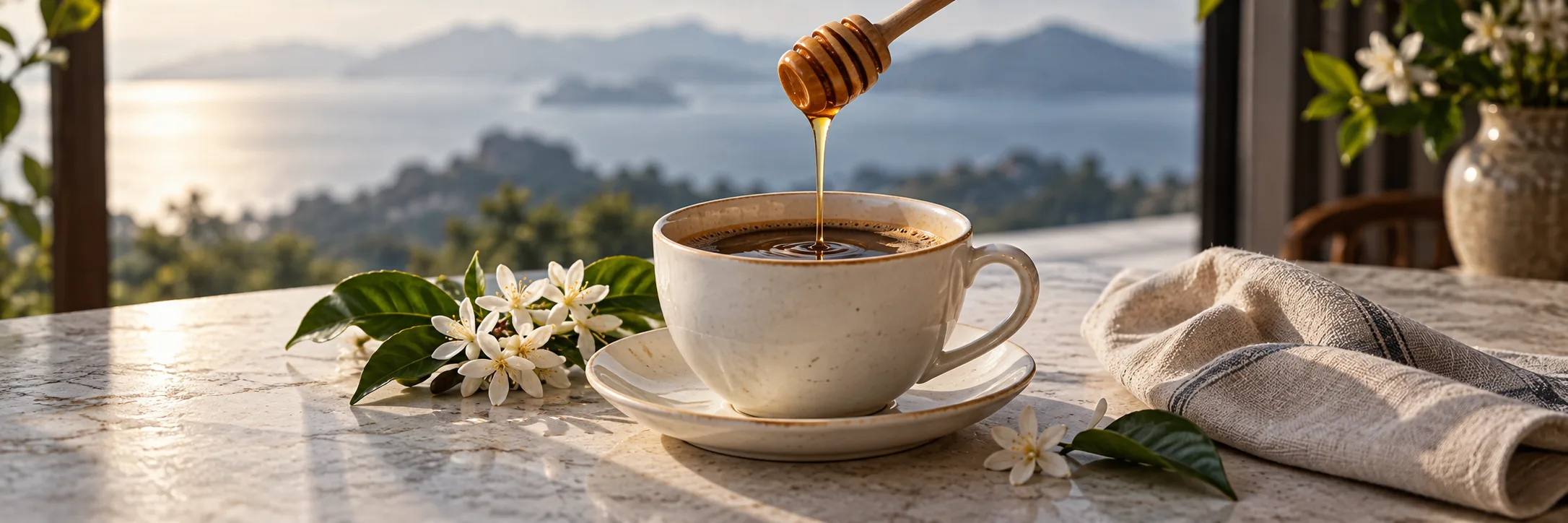 Illustration of honey being added to a cup of coffee in morning light